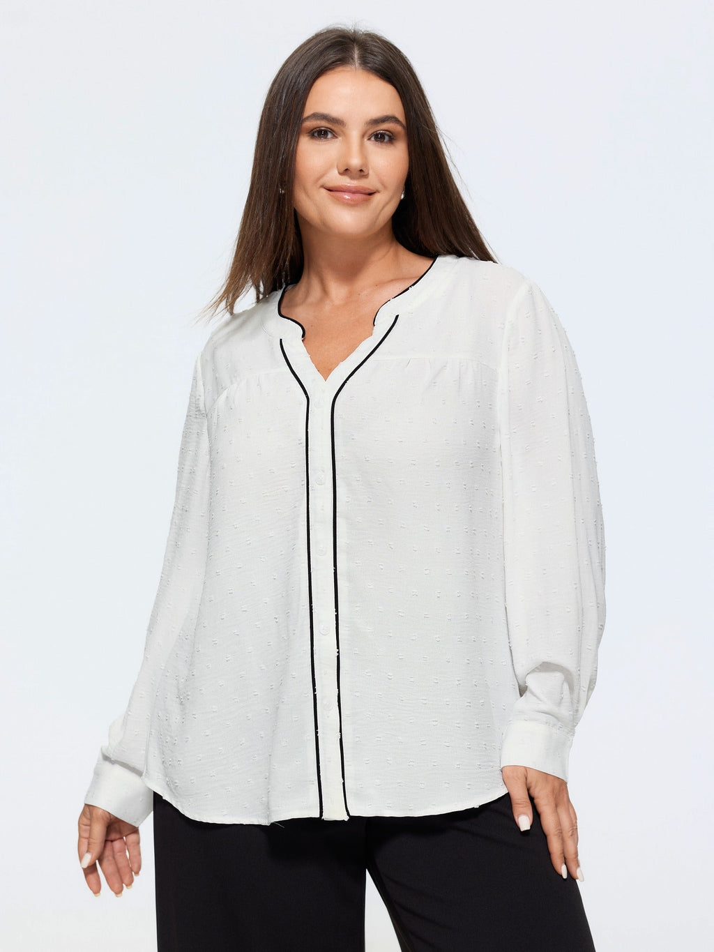 Textured Color Contrast Piping Button Down Blouse