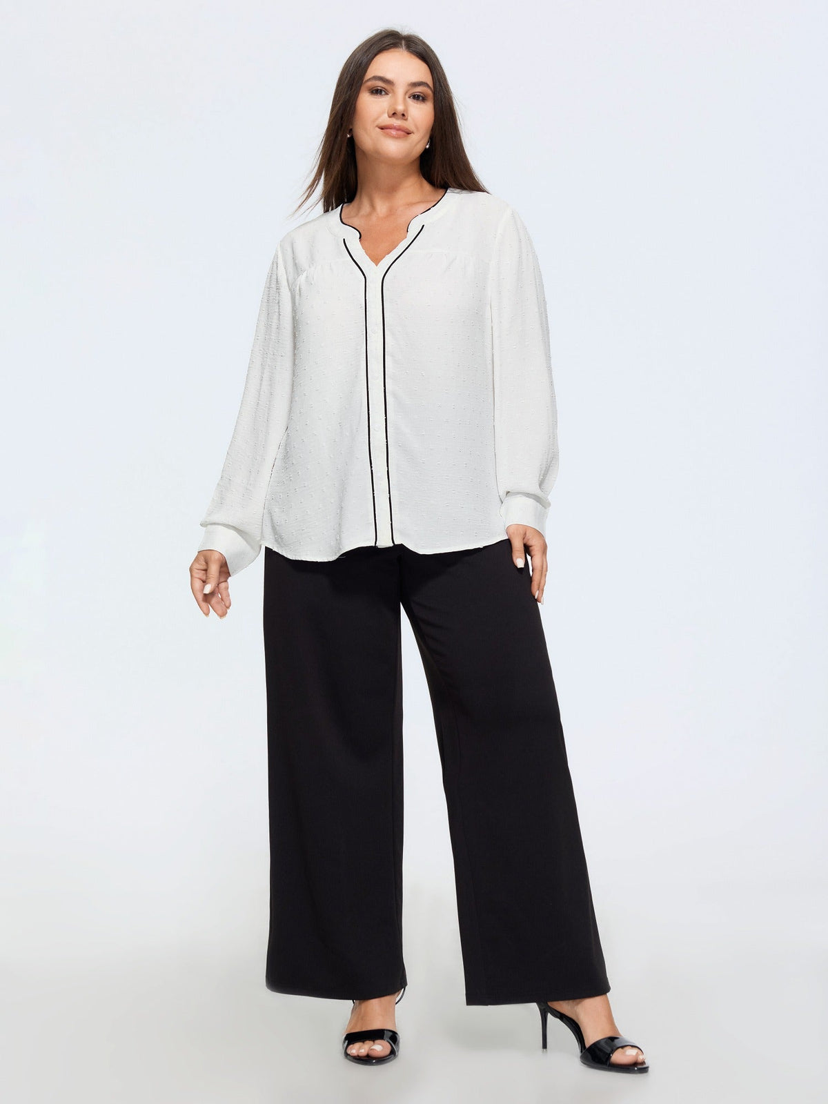 Textured Color Contrast Piping Button Down Blouse