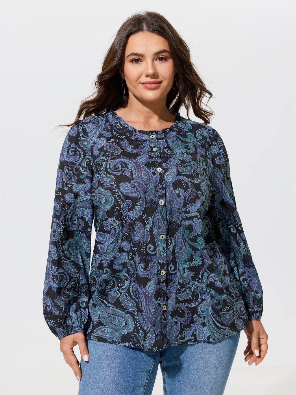 Cotton Ruffle Neck Paisley Print Button Front Blouse