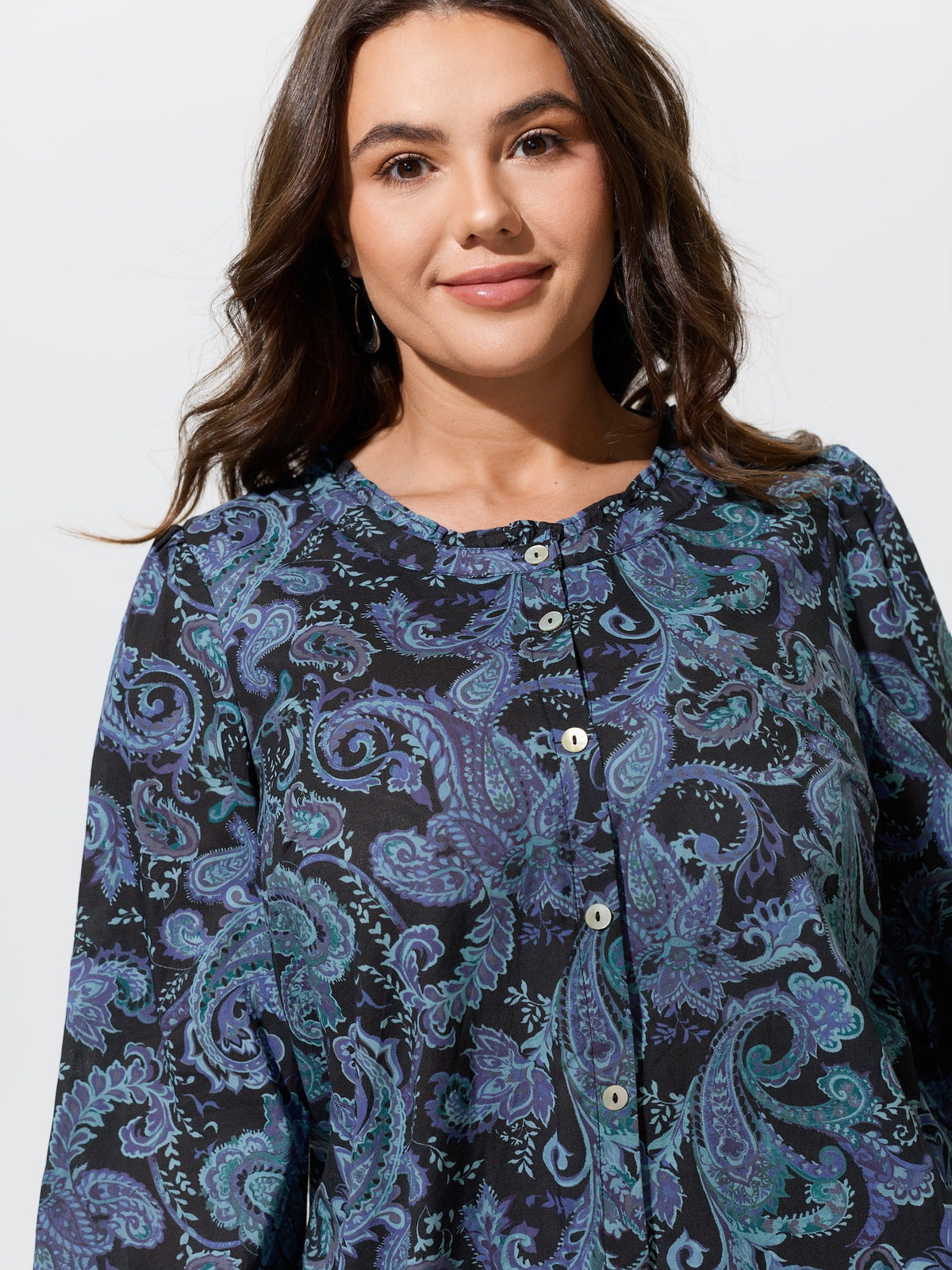Cotton Ruffle Neck Paisley Print Button Front Blouse