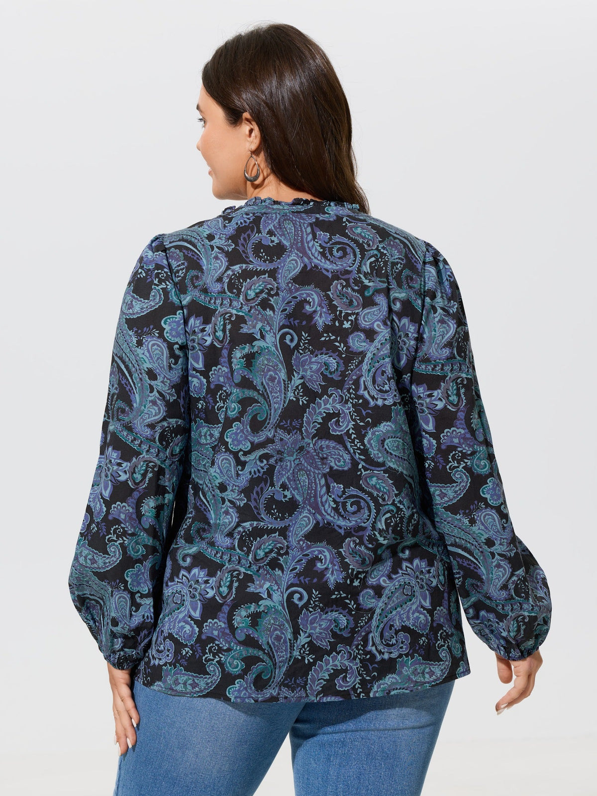 Cotton Ruffle Neck Paisley Print Button Front Blouse
