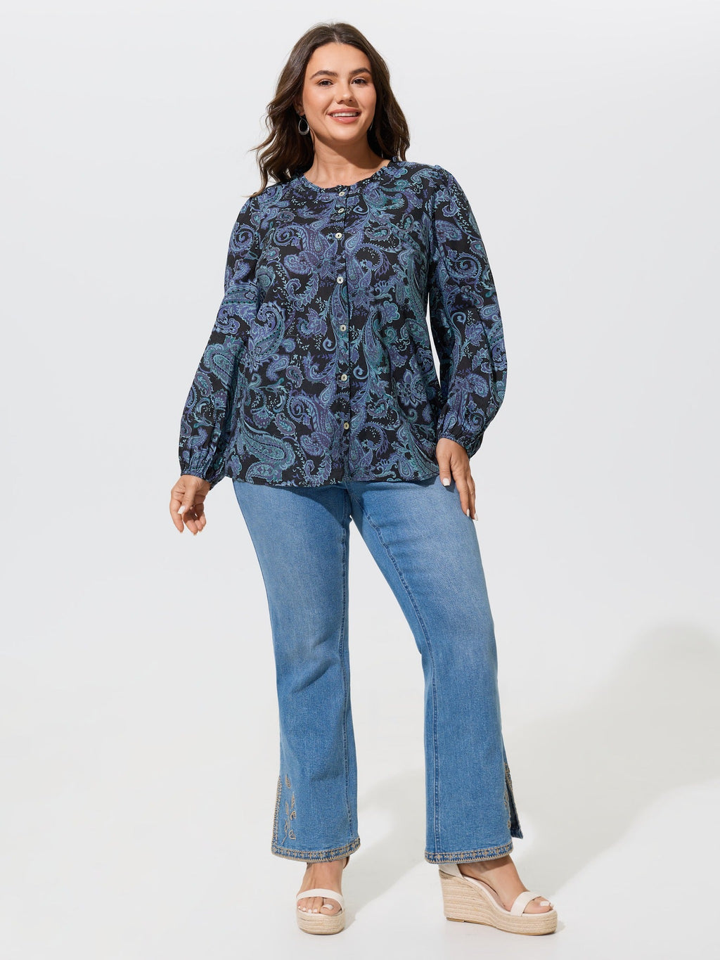 Cotton Ruffle Neck Paisley Print Button Front Blouse