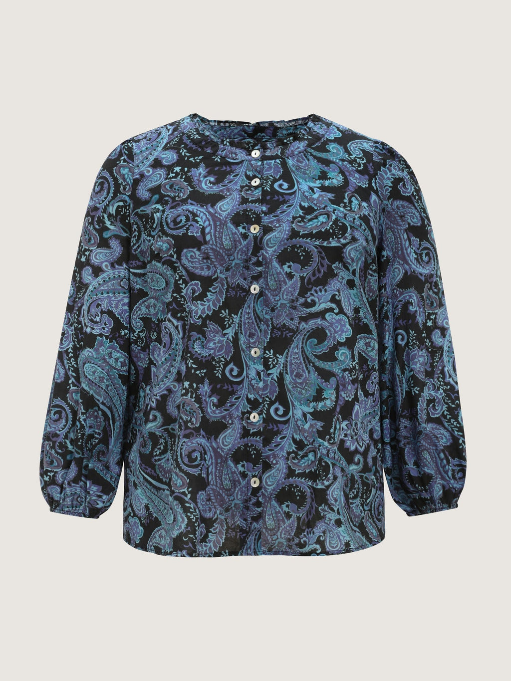 Cotton Ruffle Neck Paisley Print Button Front Blouse