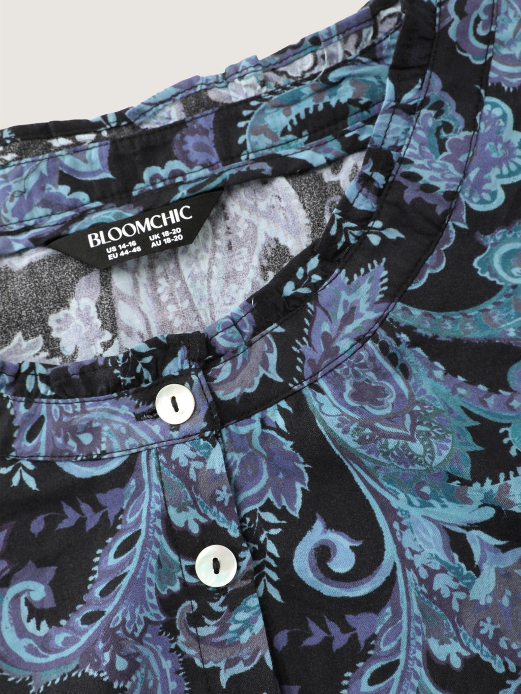 Cotton Ruffle Neck Paisley Print Button Front Blouse