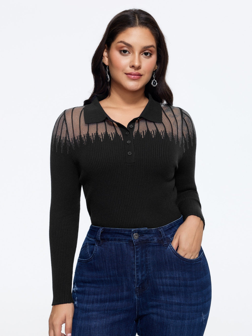Supersoft Polo Collar Gradient Glitter Mesh Pullover