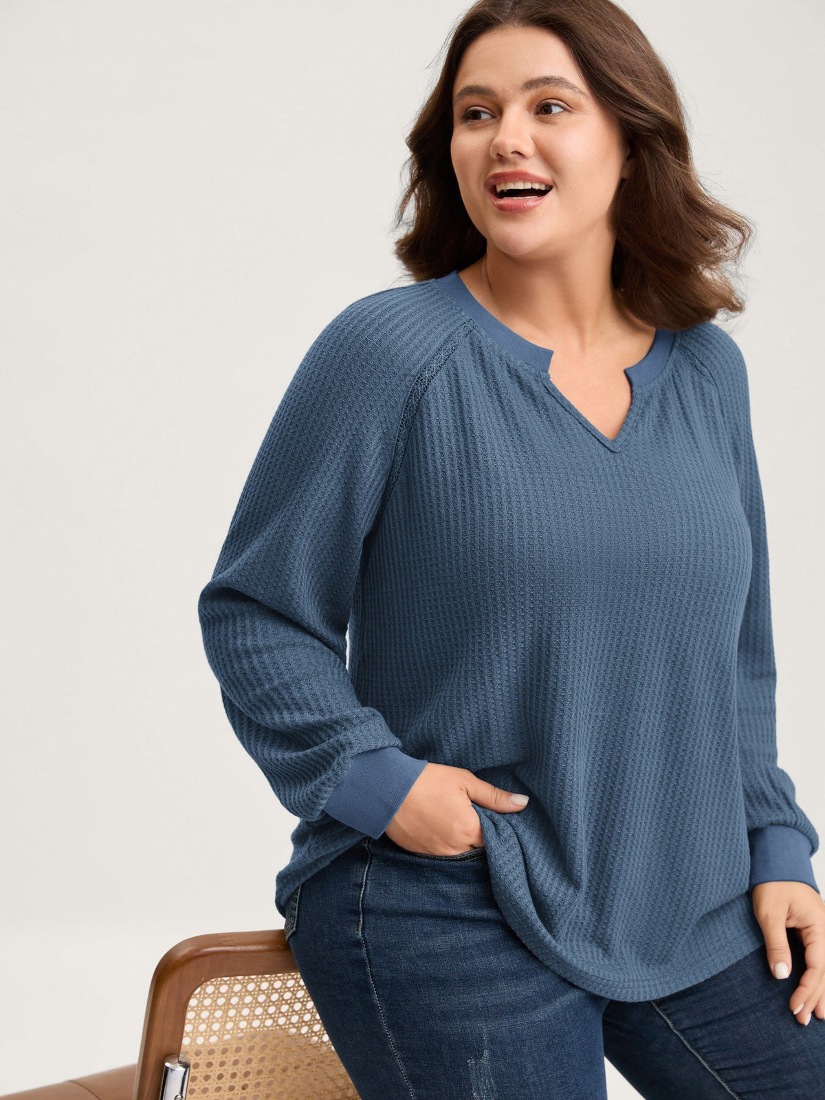 Waffle Grid Notched Collar Lace Sweatshirt