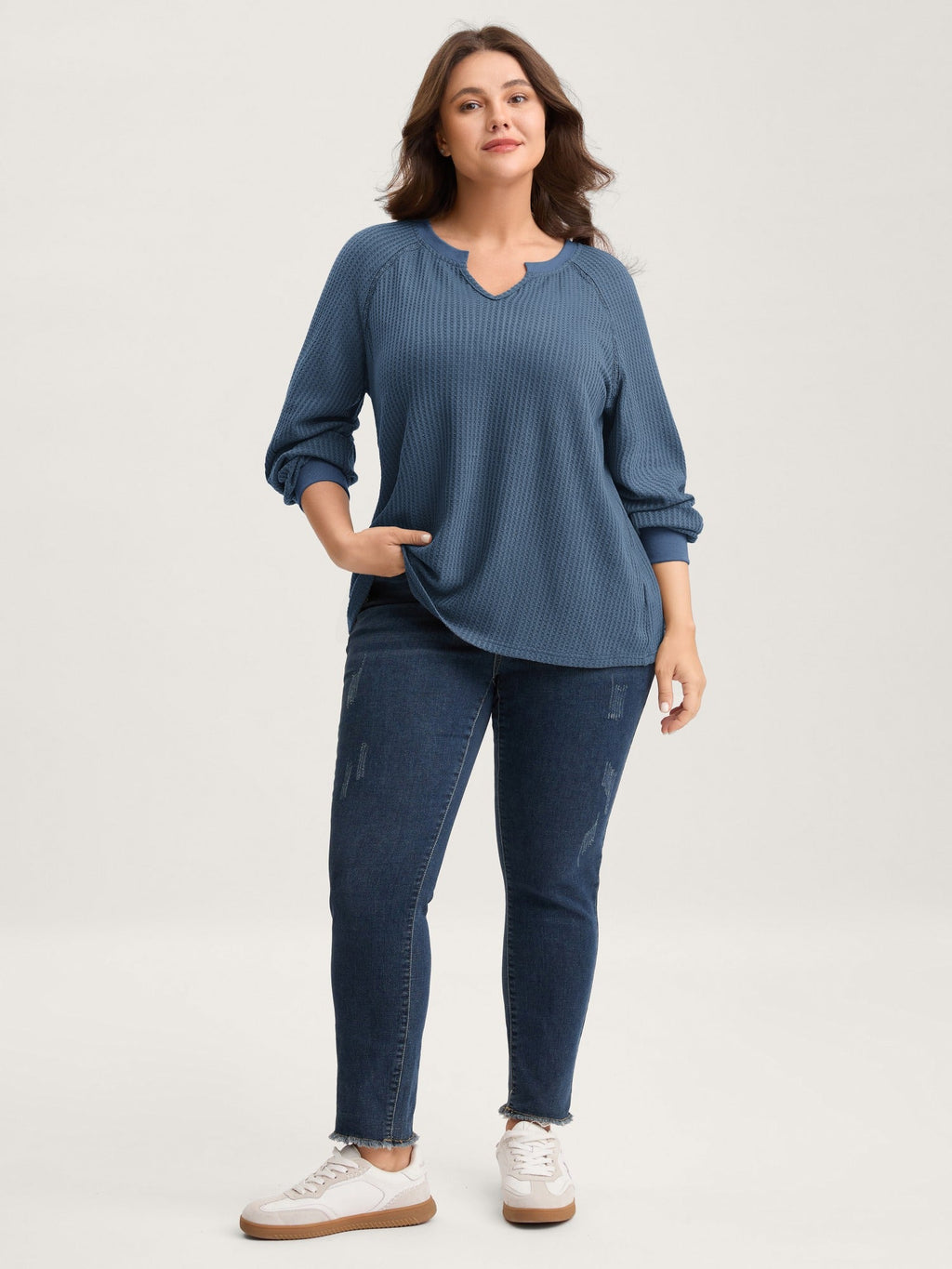 Waffle Grid Notched Collar Lace Sweatshirt