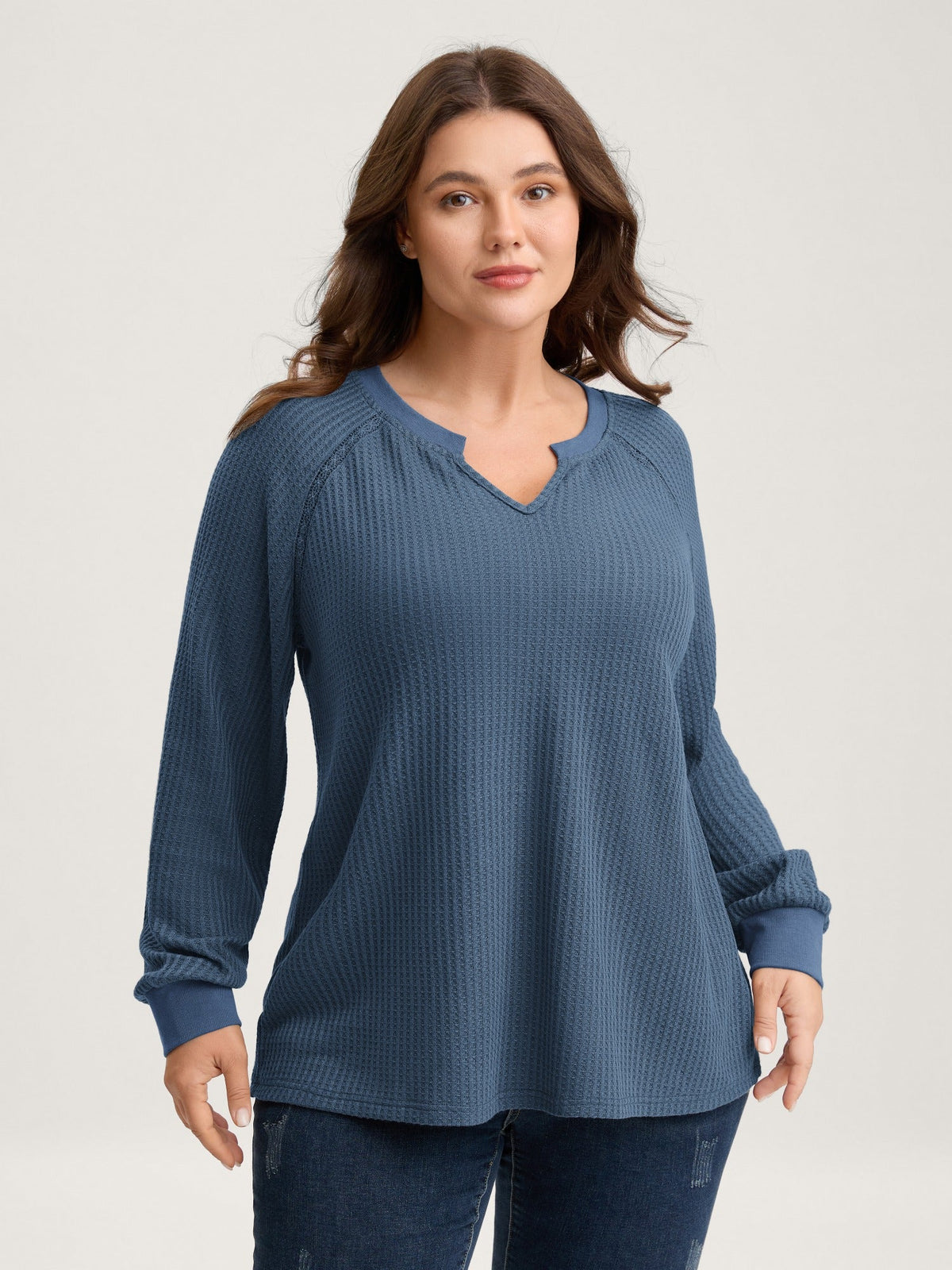 Waffle Grid Notched Collar Lace Sweatshirt