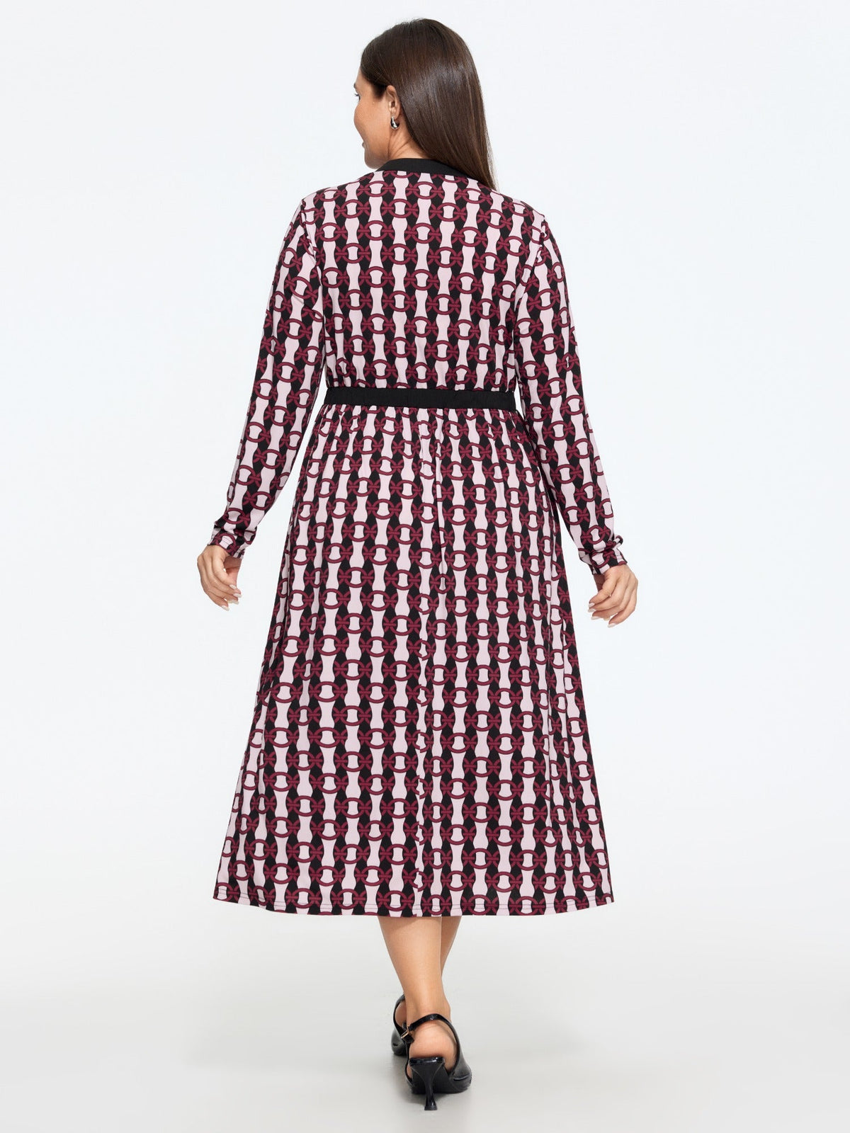 Geometric Print Bow Tie Neck Midi Dress