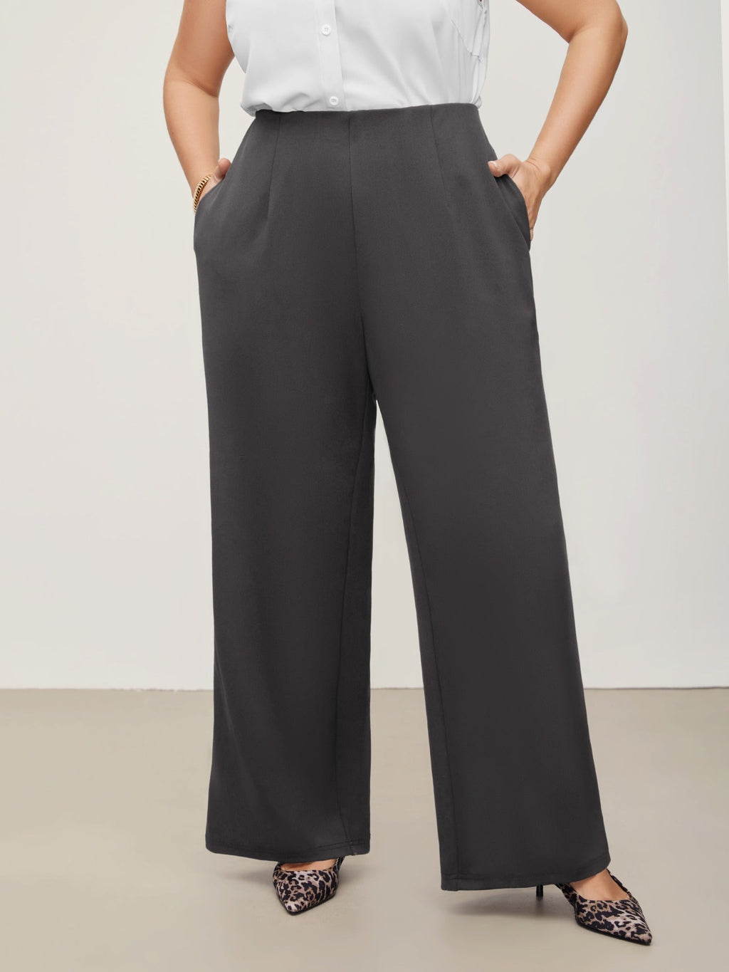 Solid Elastic Waist Pleated Wide Leg Pants