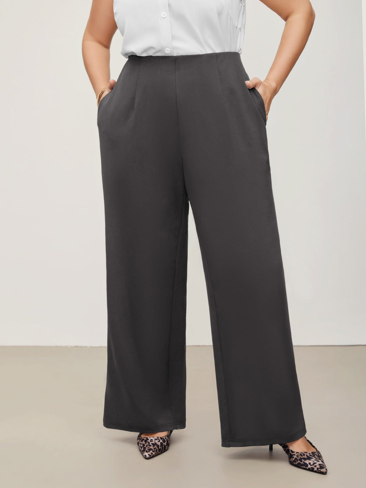 Solid Elastic Waist Pleated Wide Leg Pants