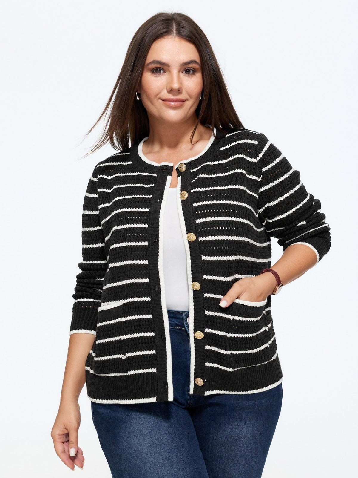 Color Contrast Striped Pocket Button Front Cardigan
