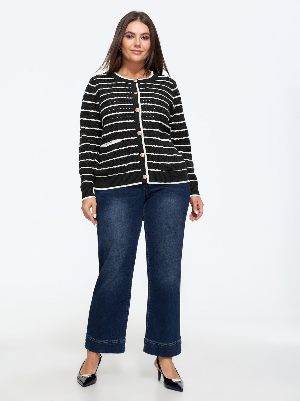 Color Contrast Striped Pocket Button Front Cardigan