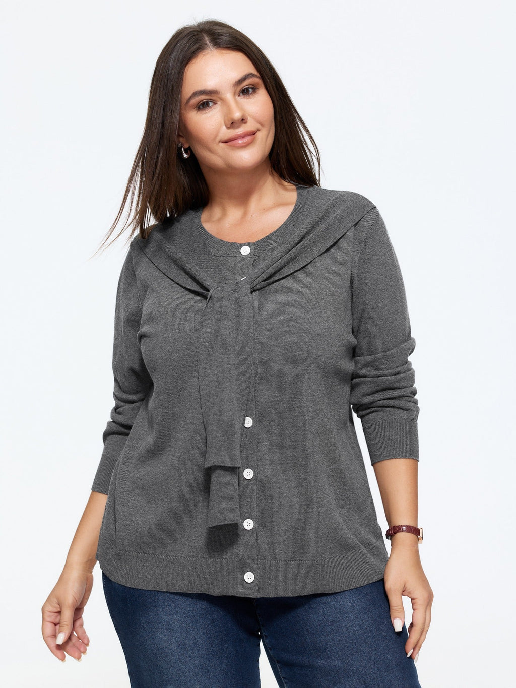 Solid Scarf Bow Tie Button Front Cardigan