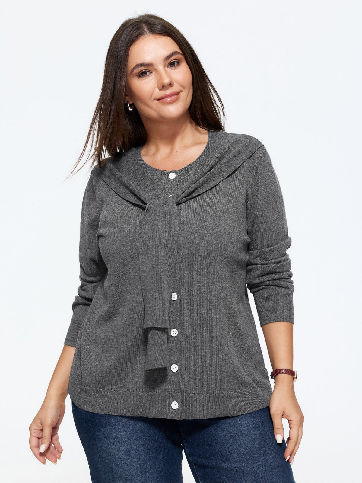 Solid Scarf Bow Tie Button Front Cardigan