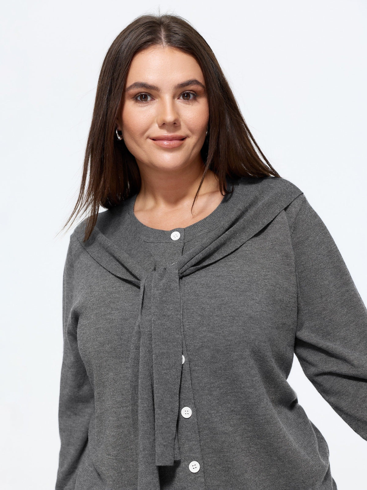 Solid Scarf Bow Tie Button Front Cardigan