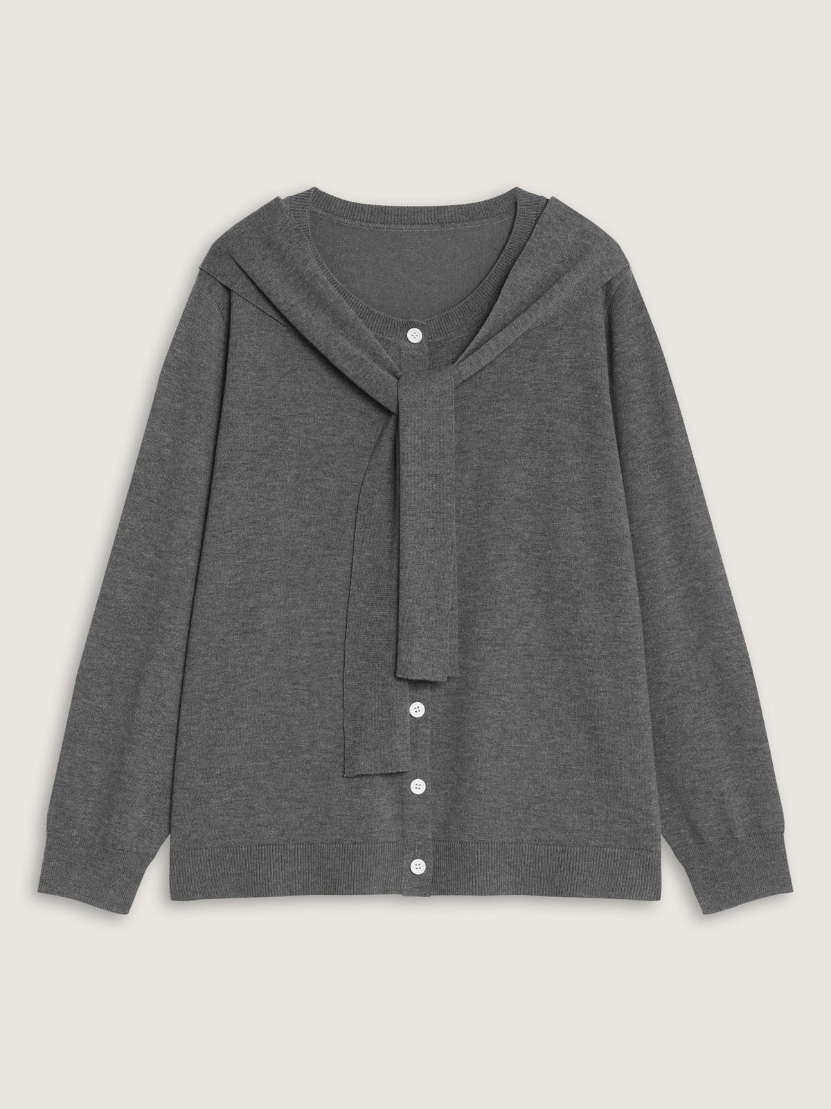 Solid Scarf Bow Tie Button Front Cardigan