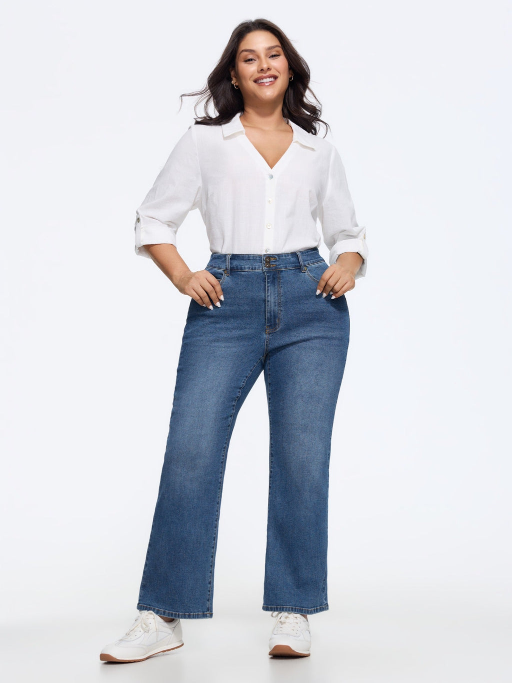 Stretch Double Button Straight Leg Jeans