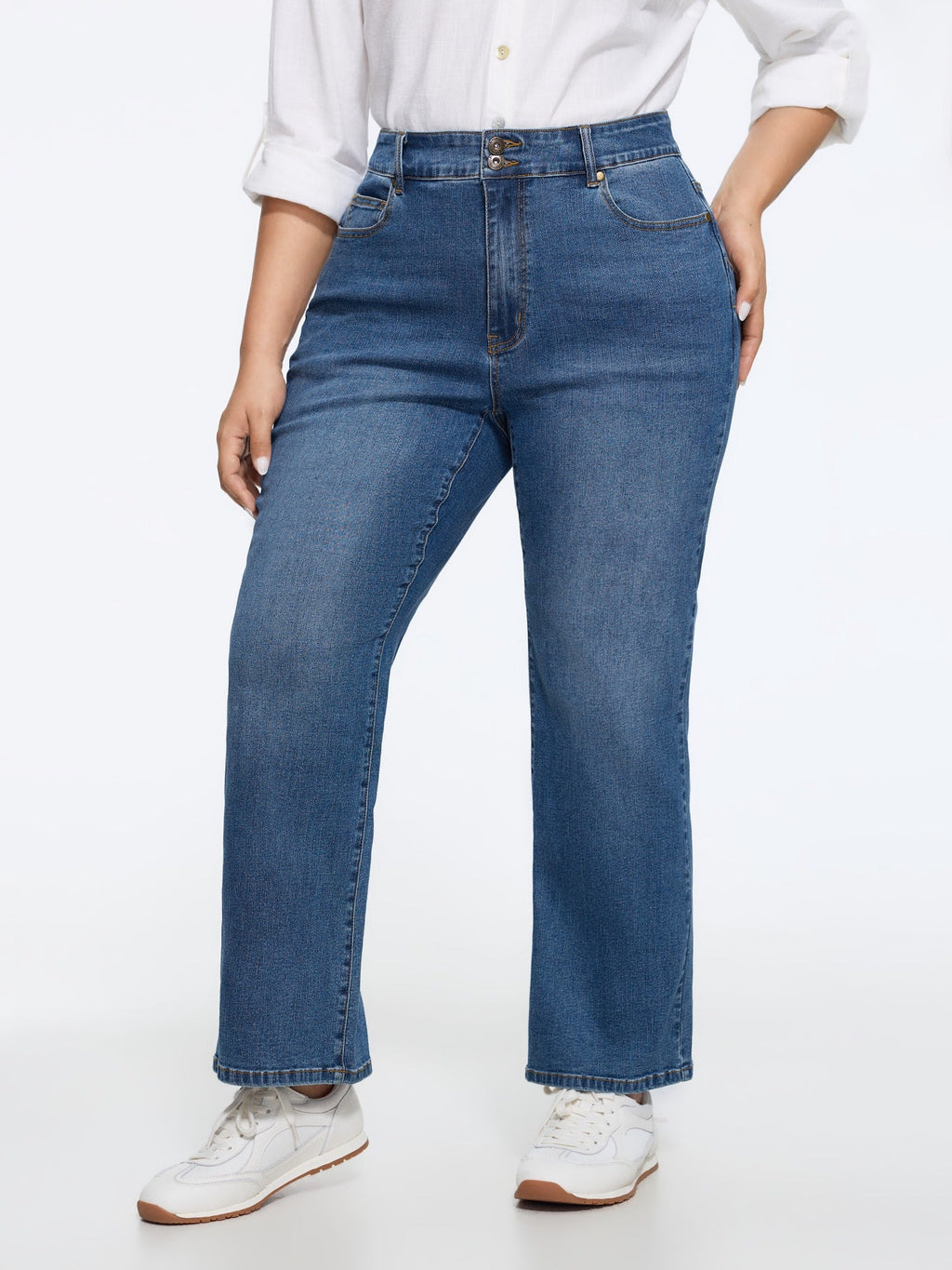 Stretch Double Button Straight Leg Jeans