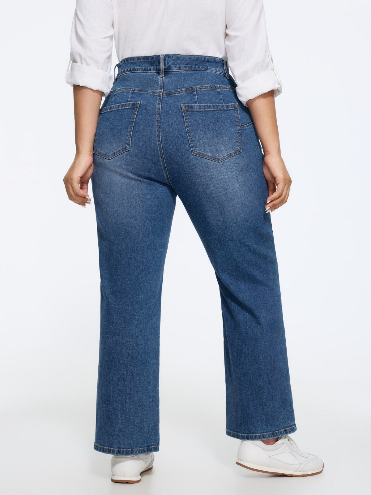 Stretch Double Button Straight Leg Jeans