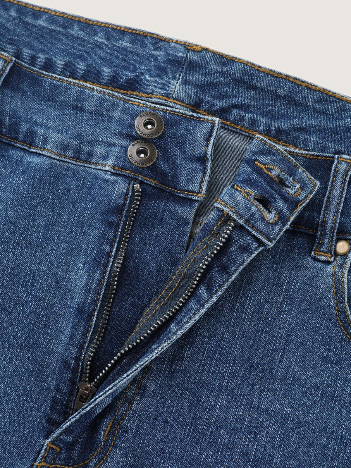 Stretch Double Button Straight Leg Jeans