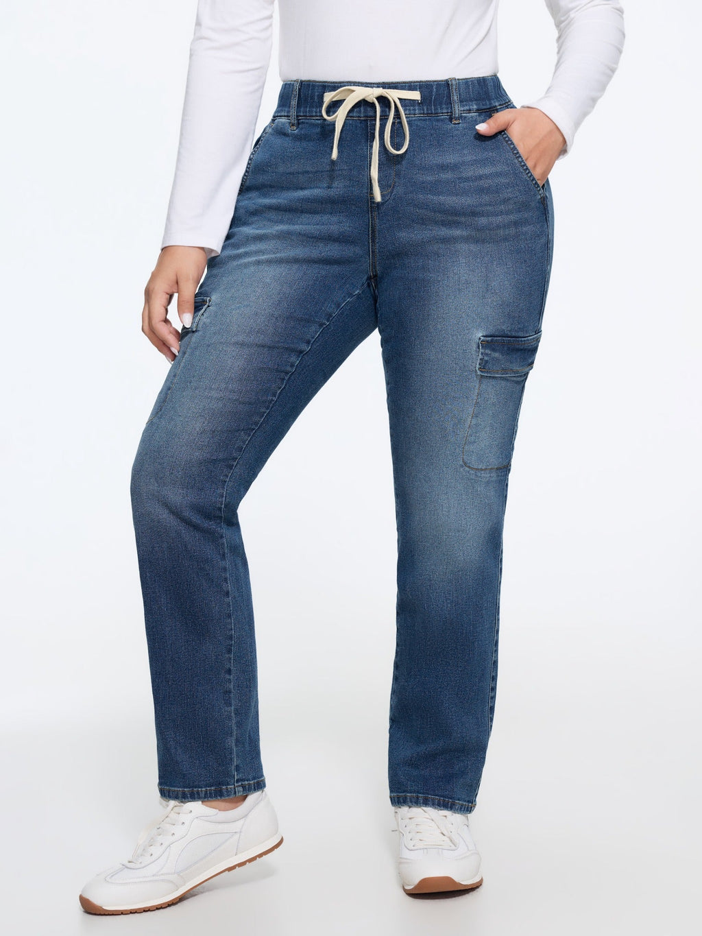 Stretch Drawstring Waist Patch Pockets Jeans