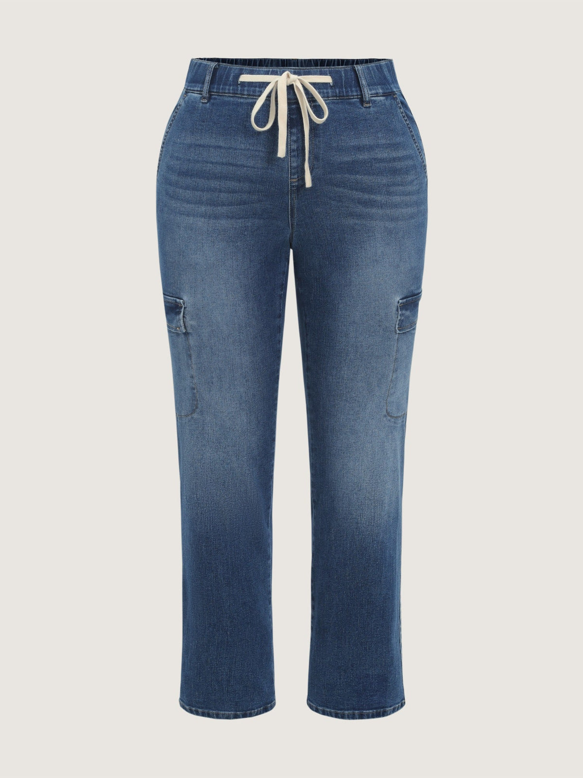 Stretch Drawstring Waist Patch Pockets Jeans