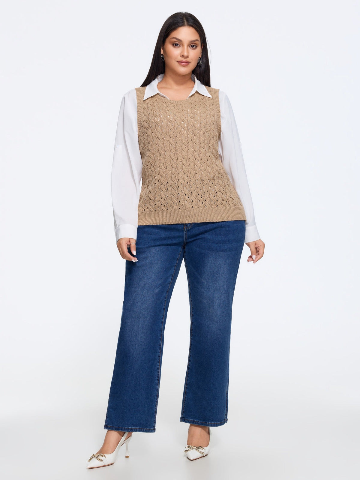 Crew Neck Hollow‑Out Cable Knit Sweater Vest