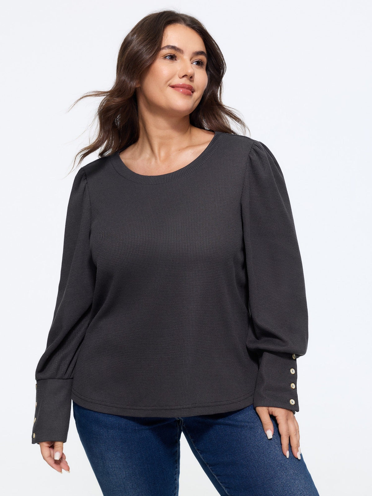 Crew Neck Button Detail Cuff Waffle Knit T-Shirt