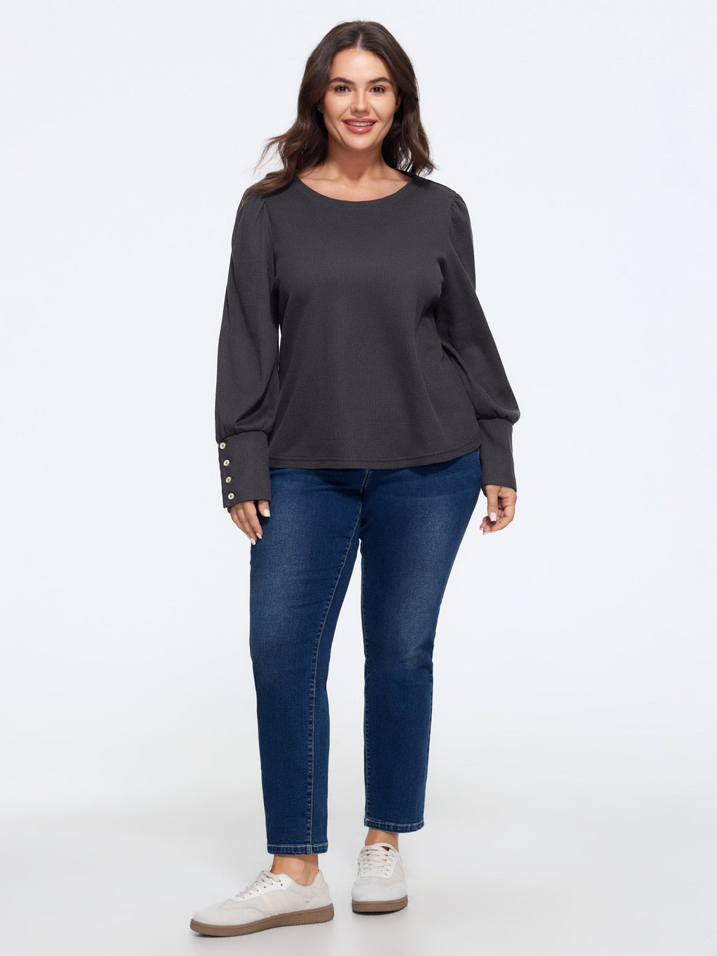 Crew Neck Button Detail Cuff Waffle Knit T-Shirt