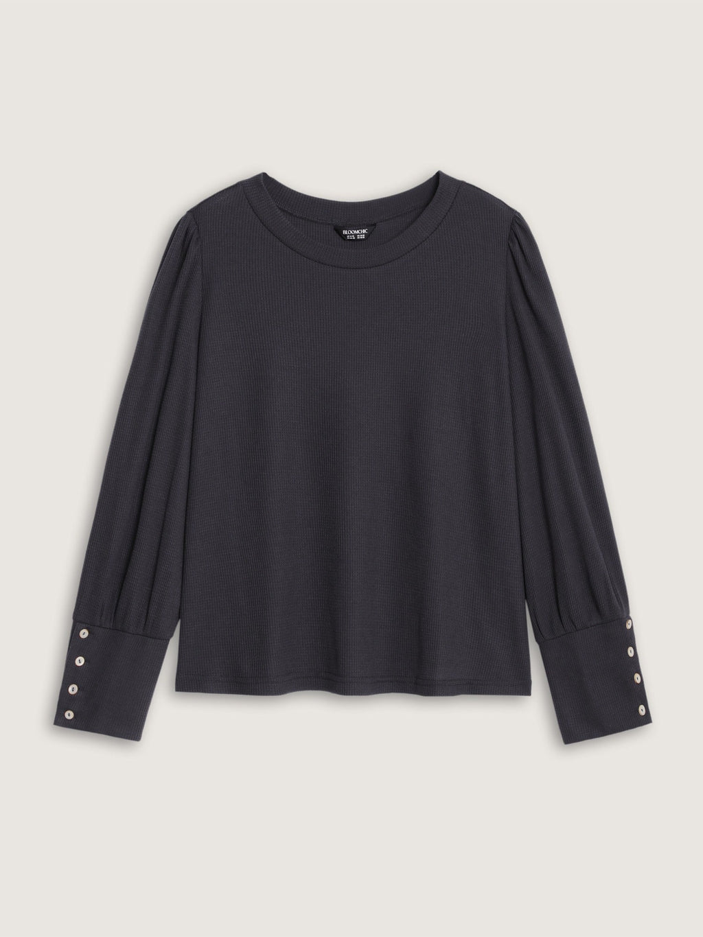 Crew Neck Button Detail Cuff Waffle Knit T-Shirt