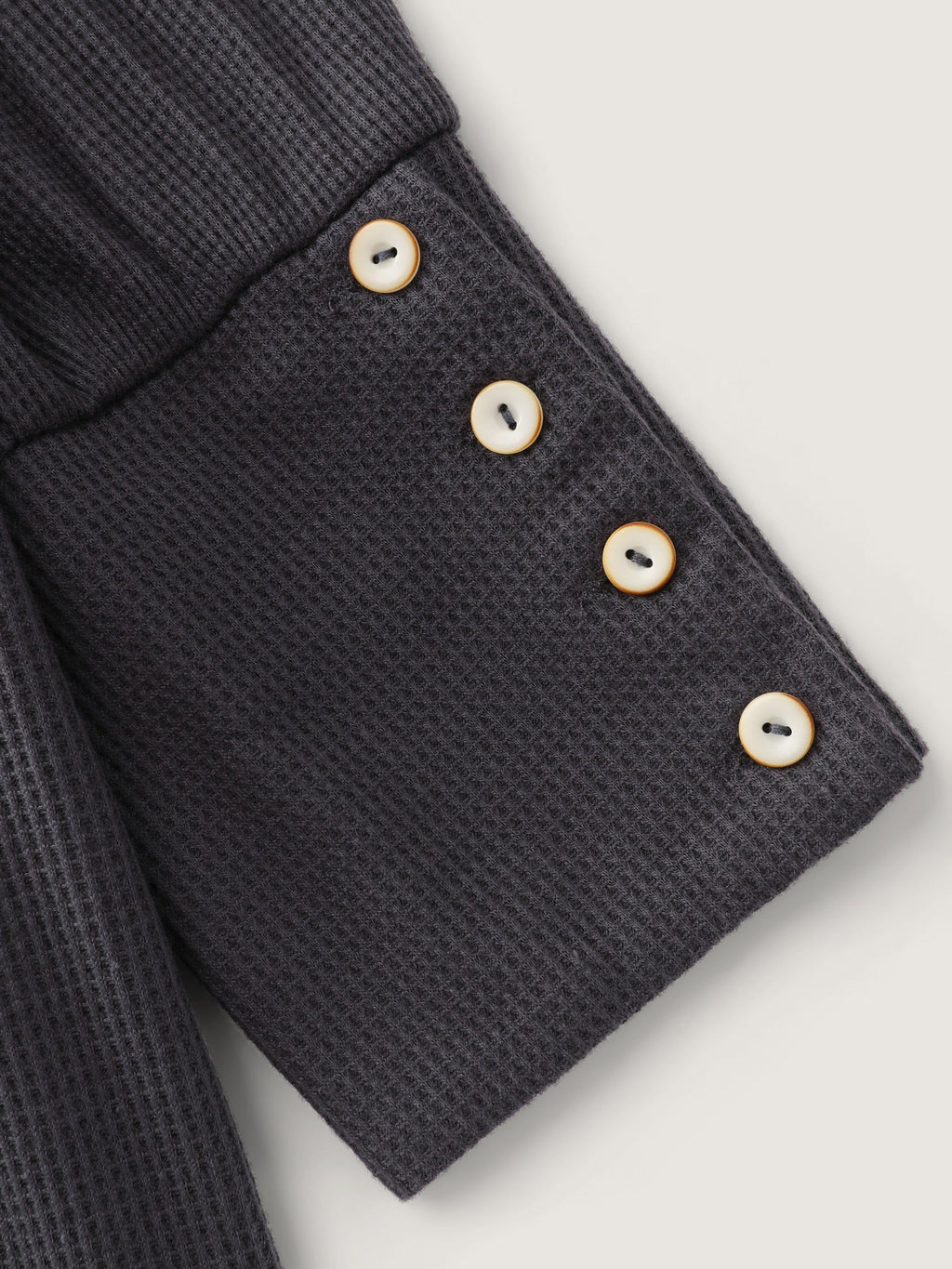 Crew Neck Button Detail Cuff Waffle Knit T-Shirt