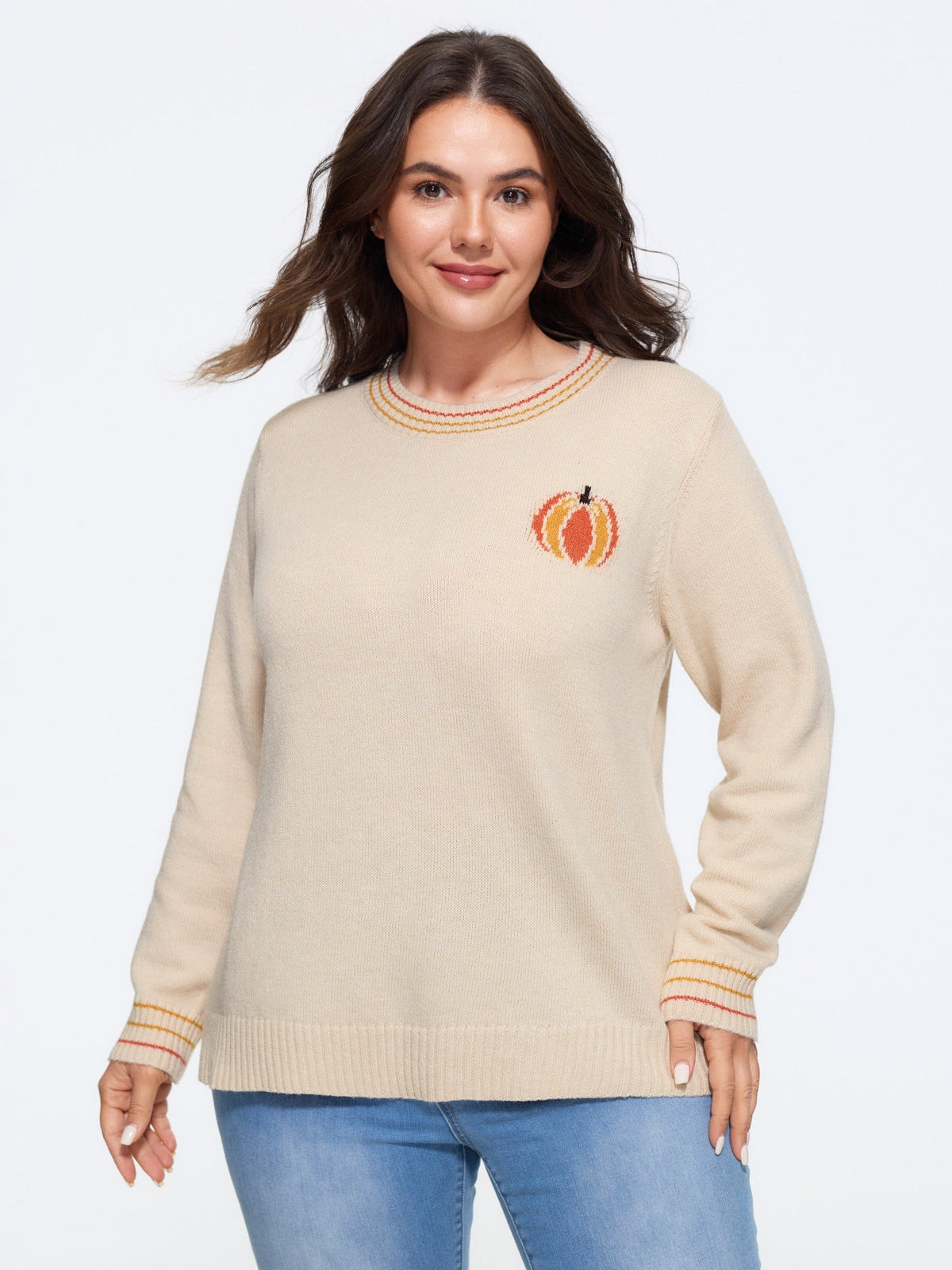 Pumpkin Jacquard Pattern Crew Neck Pullover