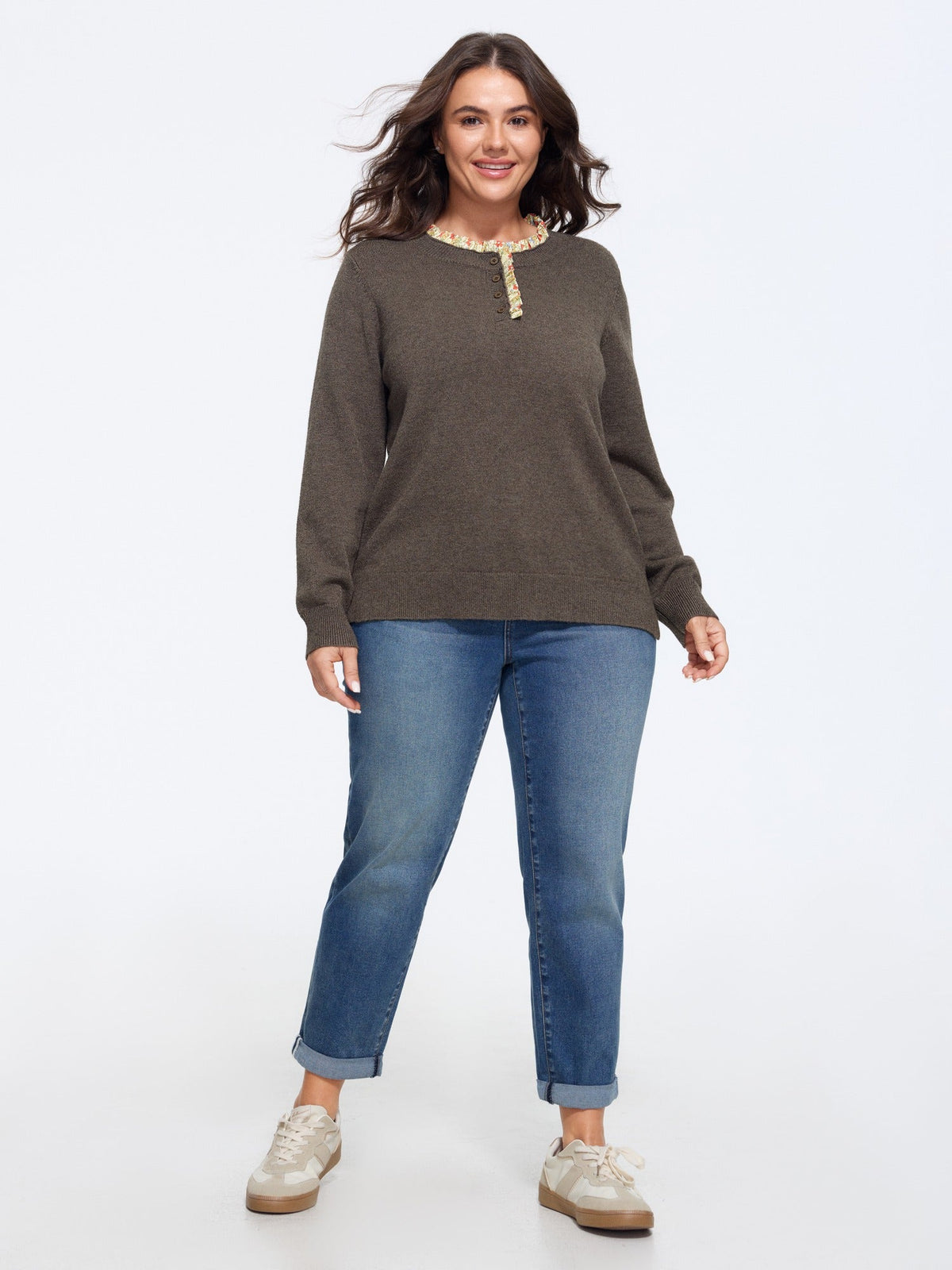 Supersoft Floral Ruffle Trim Half Button Pullover