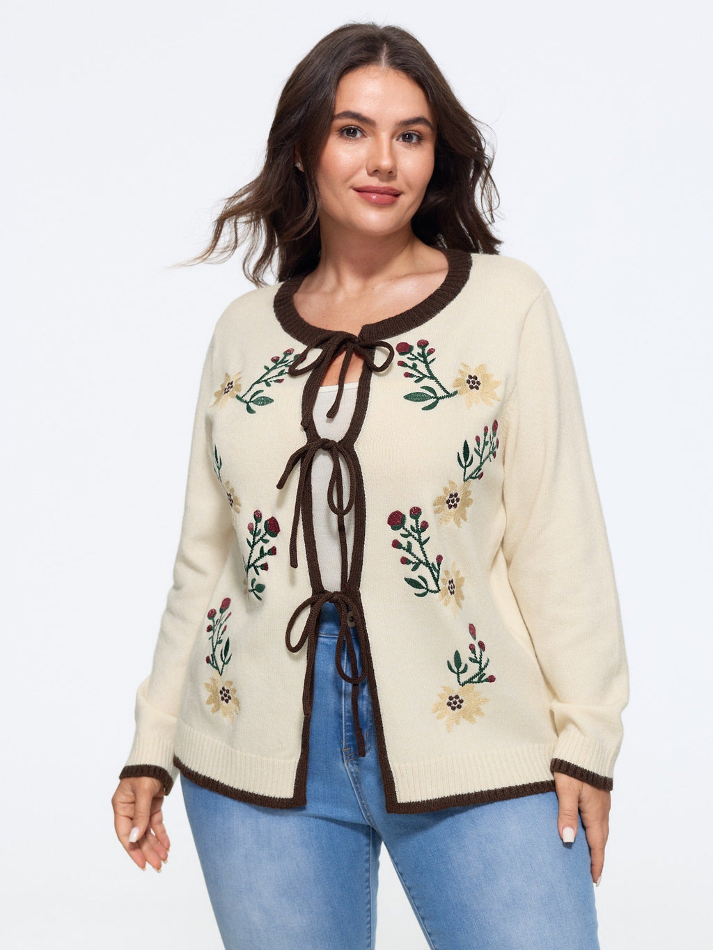 Floral Embroidery Contrast Trim Tie Front Cardigan