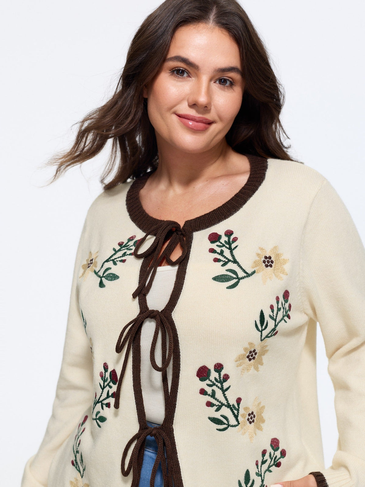 Floral Embroidery Contrast Trim Tie Front Cardigan