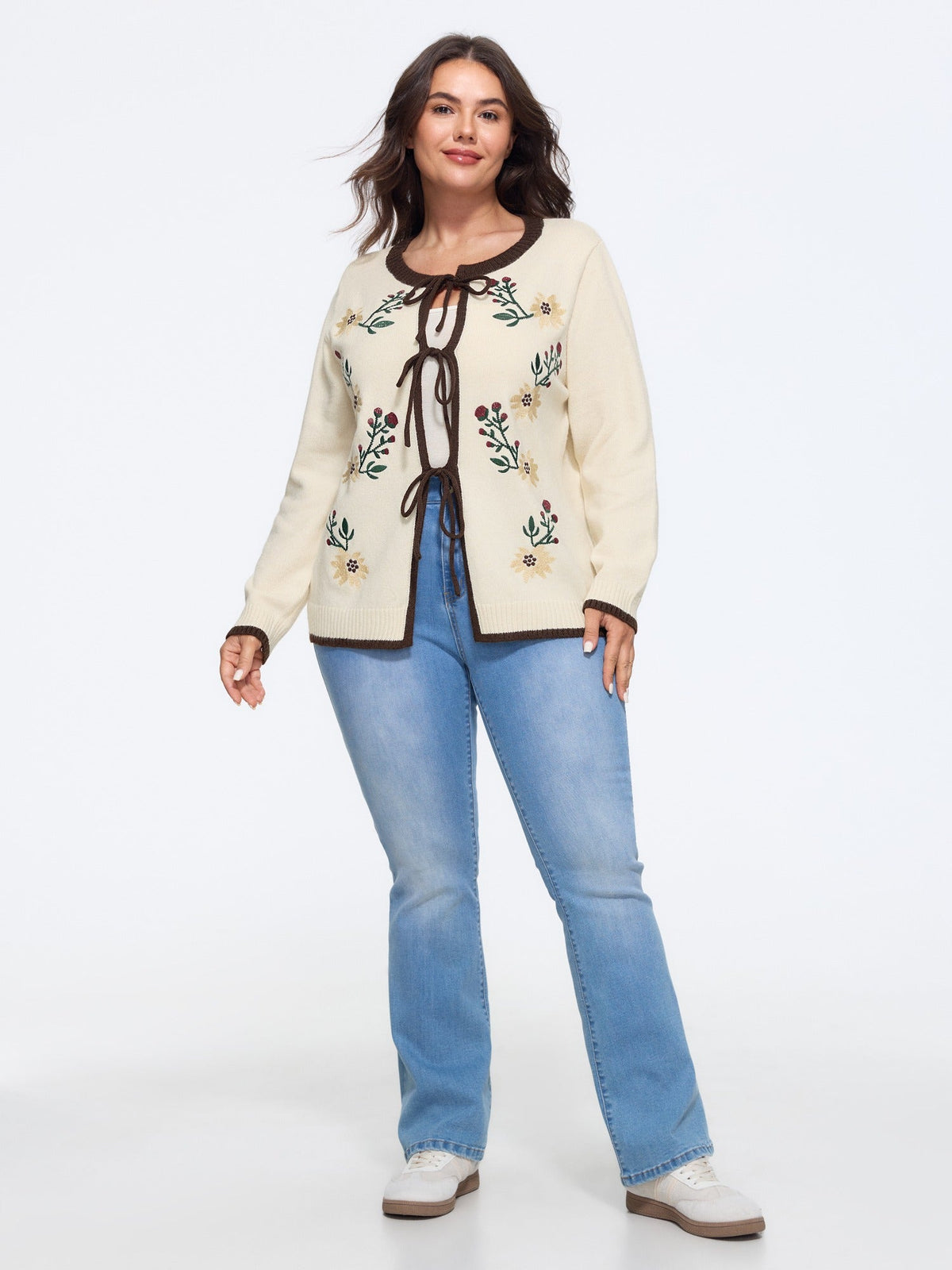 Floral Embroidery Contrast Trim Tie Front Cardigan