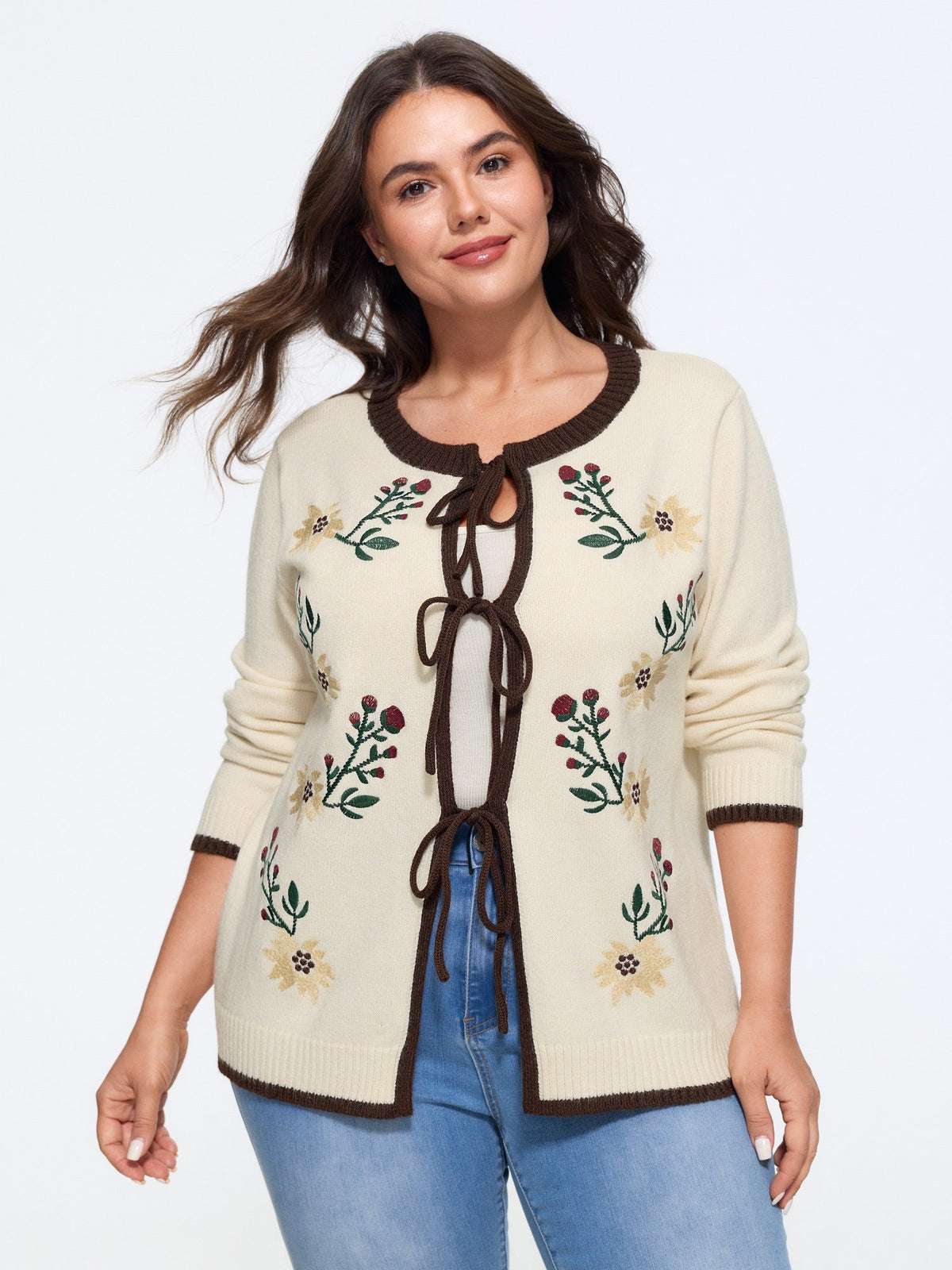 Floral Embroidery Contrast Trim Tie Front Cardigan
