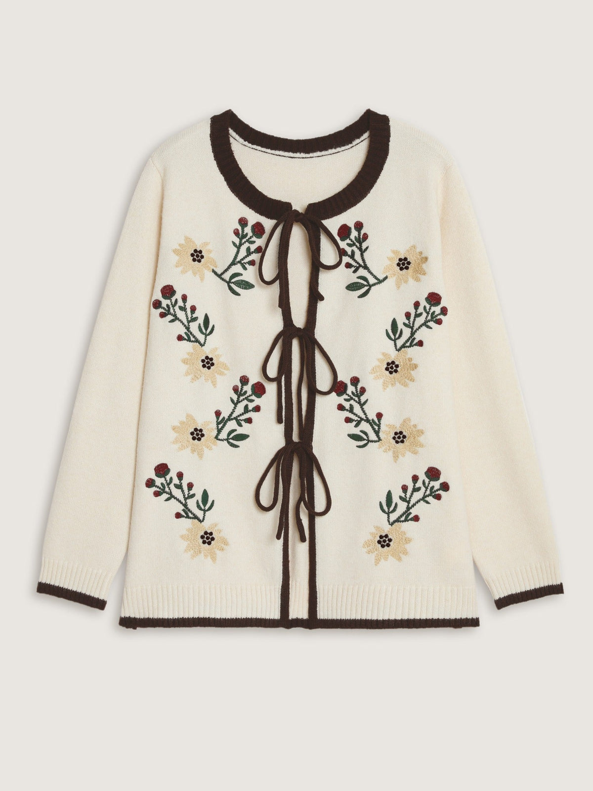 Floral Embroidery Contrast Trim Tie Front Cardigan