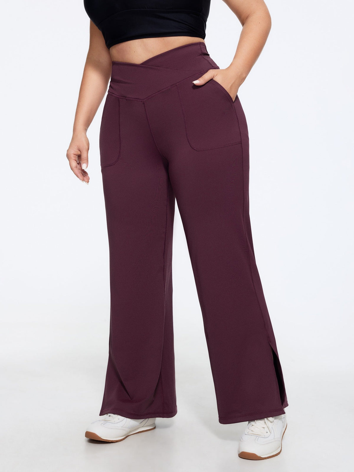 Stretch Crossover Waist Pocket Split Hem Leggings