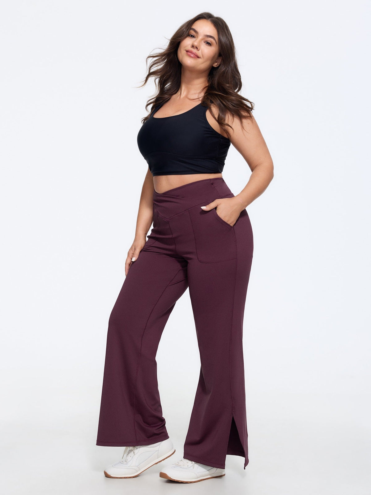 Stretch Crossover Waist Pocket Split Hem Leggings