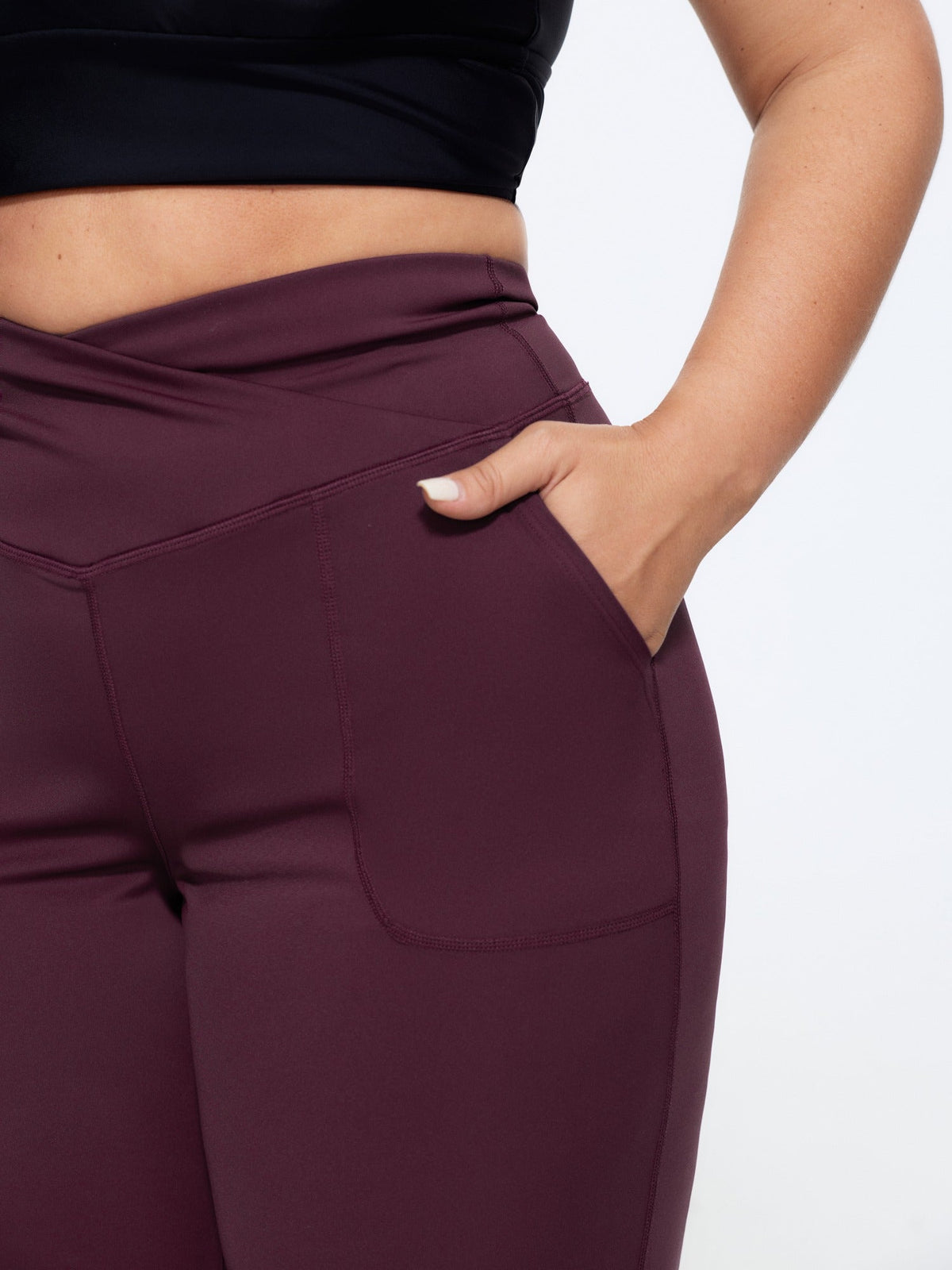 Stretch Crossover Waist Pocket Split Hem Leggings