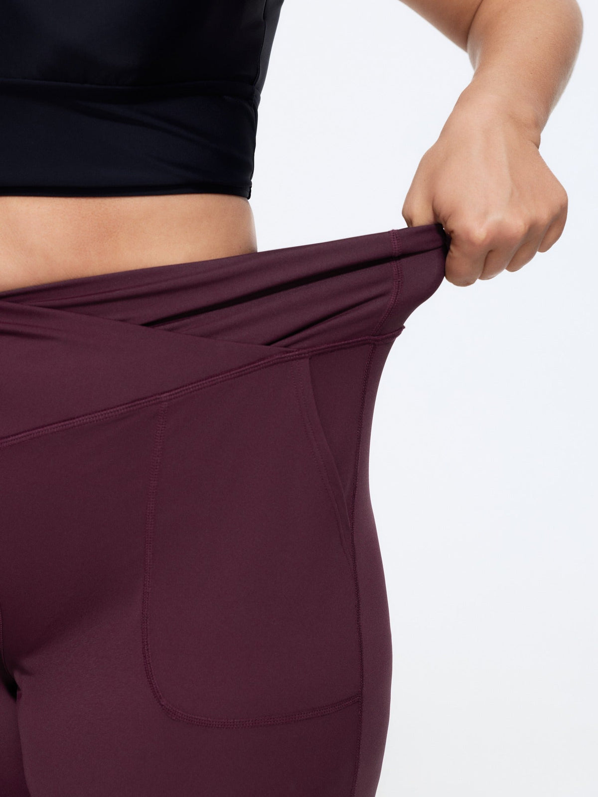 Stretch Crossover Waist Pocket Split Hem Leggings