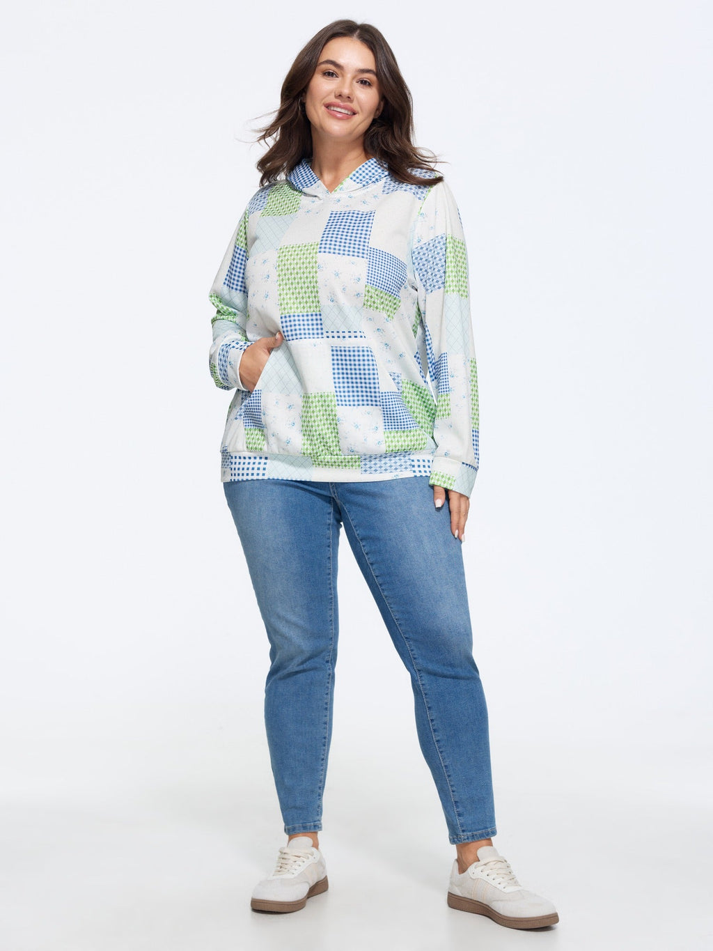 Supersoft Patchwork Gingham Floral Pattern Hoodie Sweatshirt
