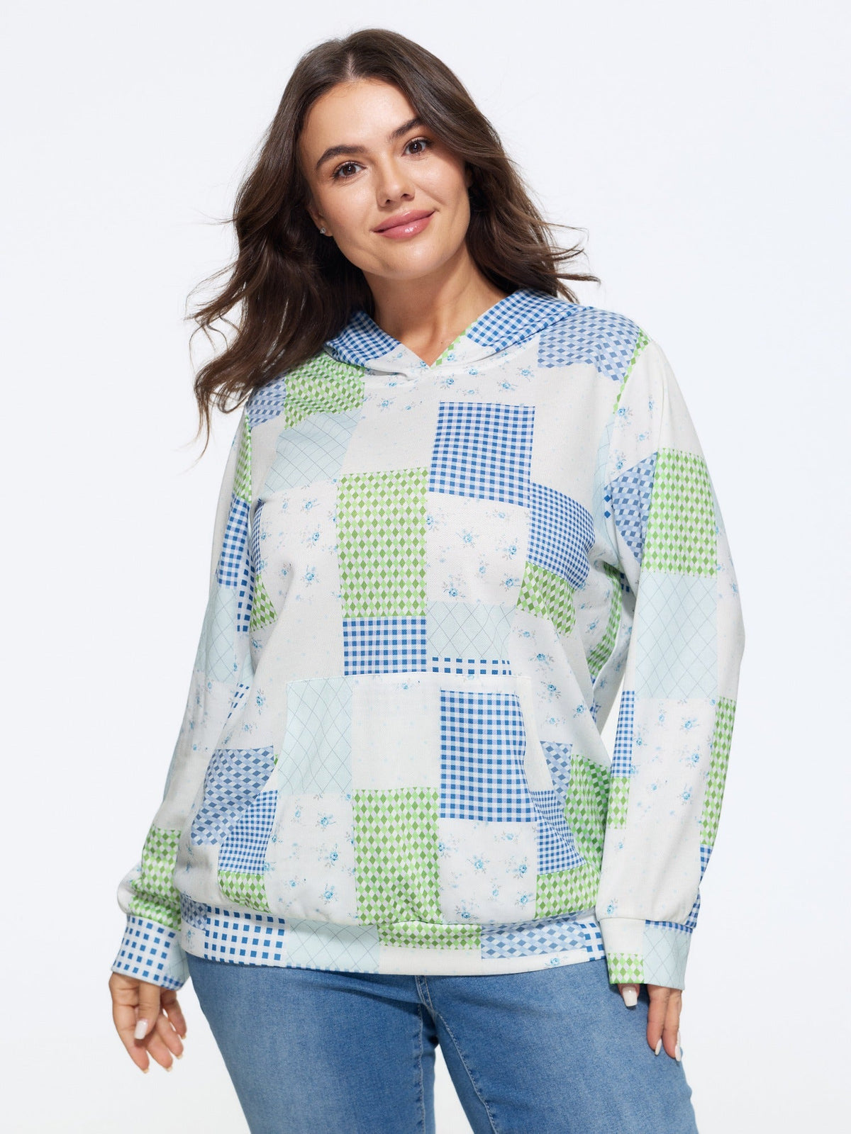 Supersoft Patchwork Gingham Floral Pattern Hoodie Sweatshirt