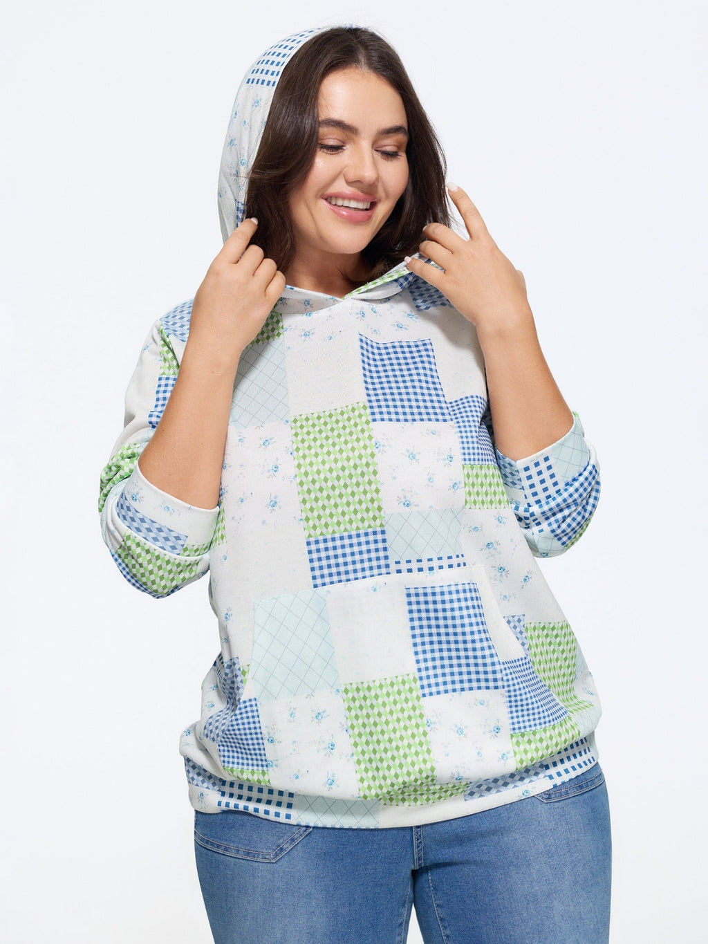 Supersoft Patchwork Gingham Floral Pattern Hoodie Sweatshirt