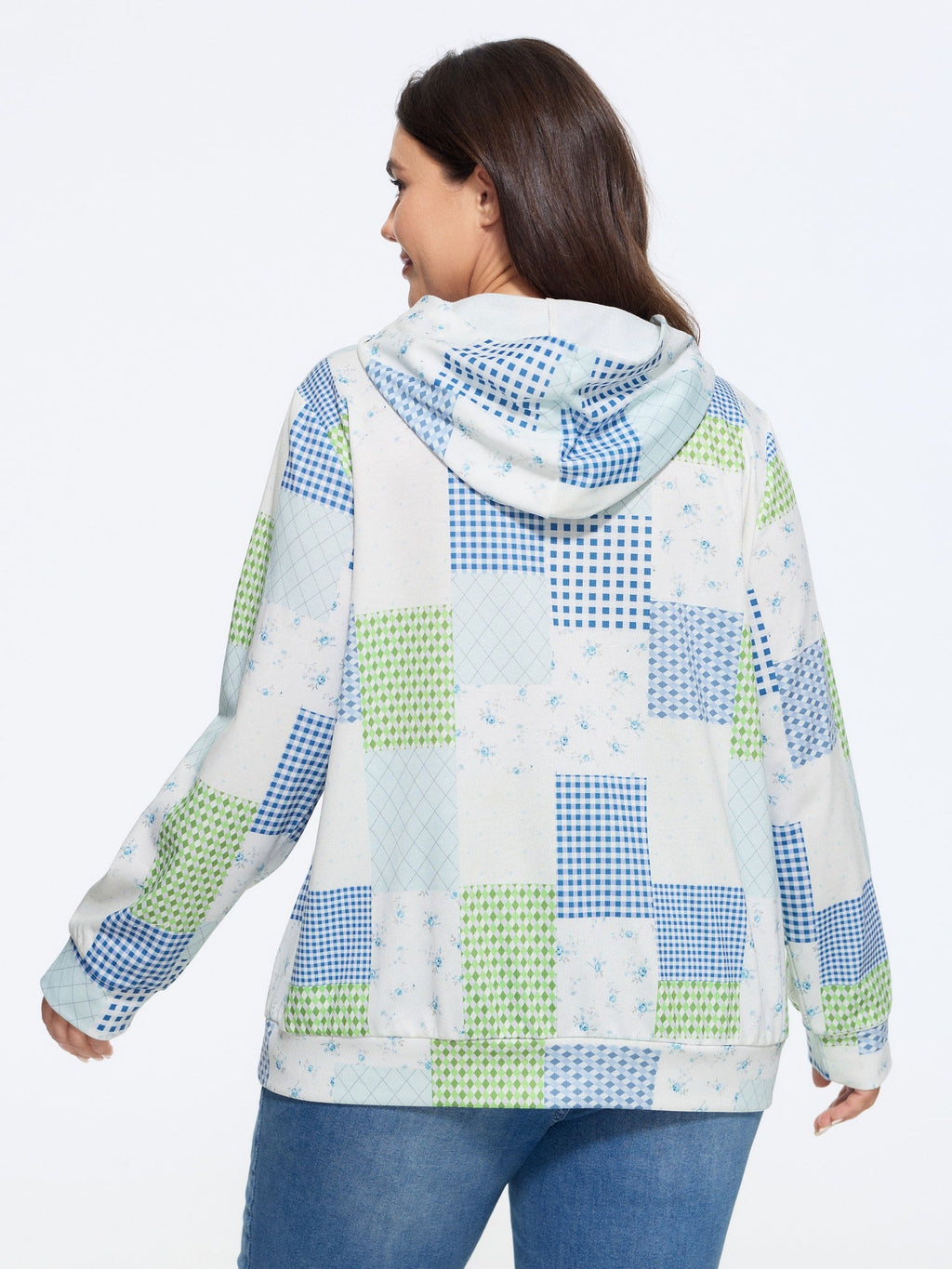 Supersoft Patchwork Gingham Floral Pattern Hoodie Sweatshirt