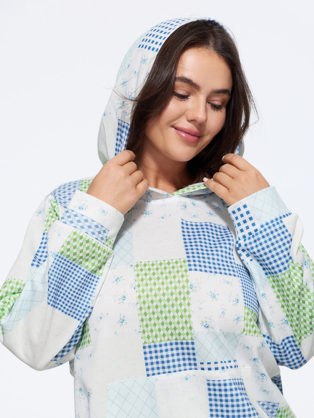 Supersoft Patchwork Gingham Floral Pattern Hoodie Sweatshirt