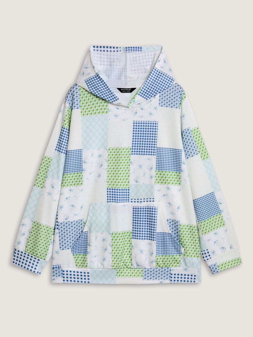 Supersoft Patchwork Gingham Floral Pattern Hoodie Sweatshirt