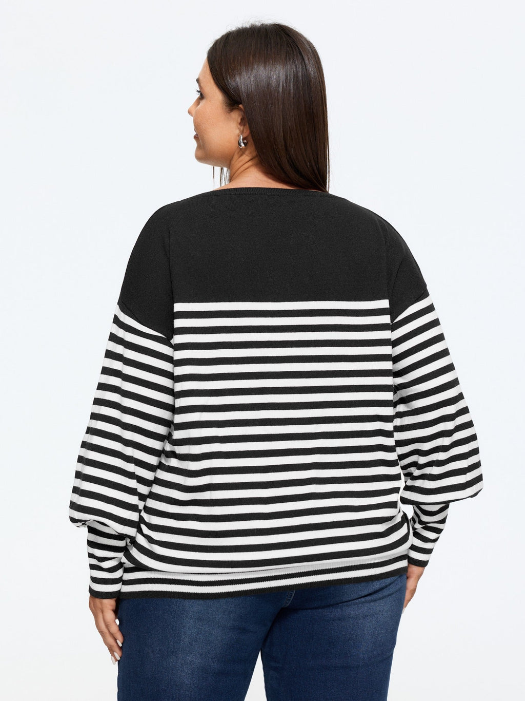 Color Block Stripe Balloon Sleeve Casual Pullover